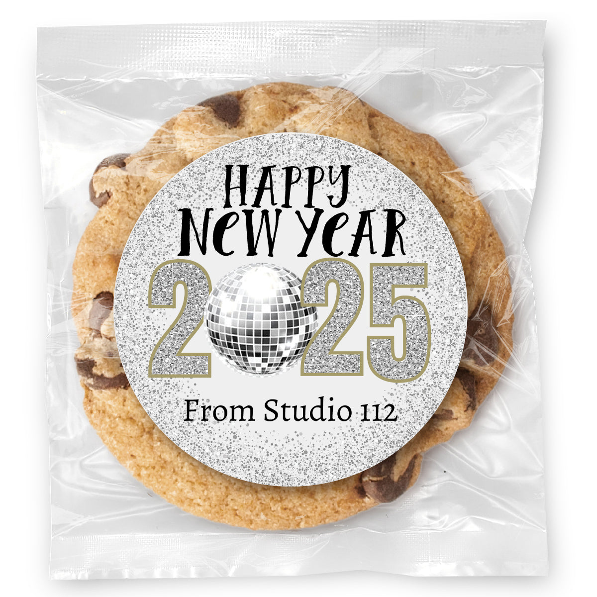 Happy New Year Silver Ball Drop - Gourmet Chocolate Chip Or Variety Pack W/ Full Color Personalized Sticker