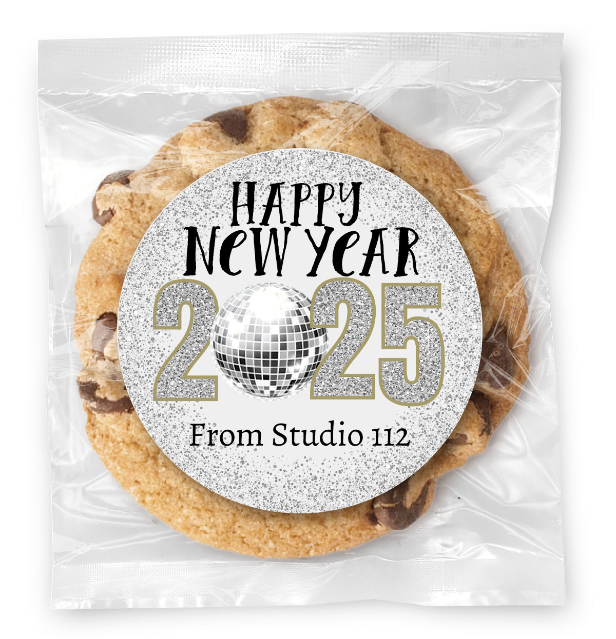 Happy New Year Silver Ball Drop - Gourmet Chocolate Chip Or Variety Pack W/ Full Color Personalized Sticker
