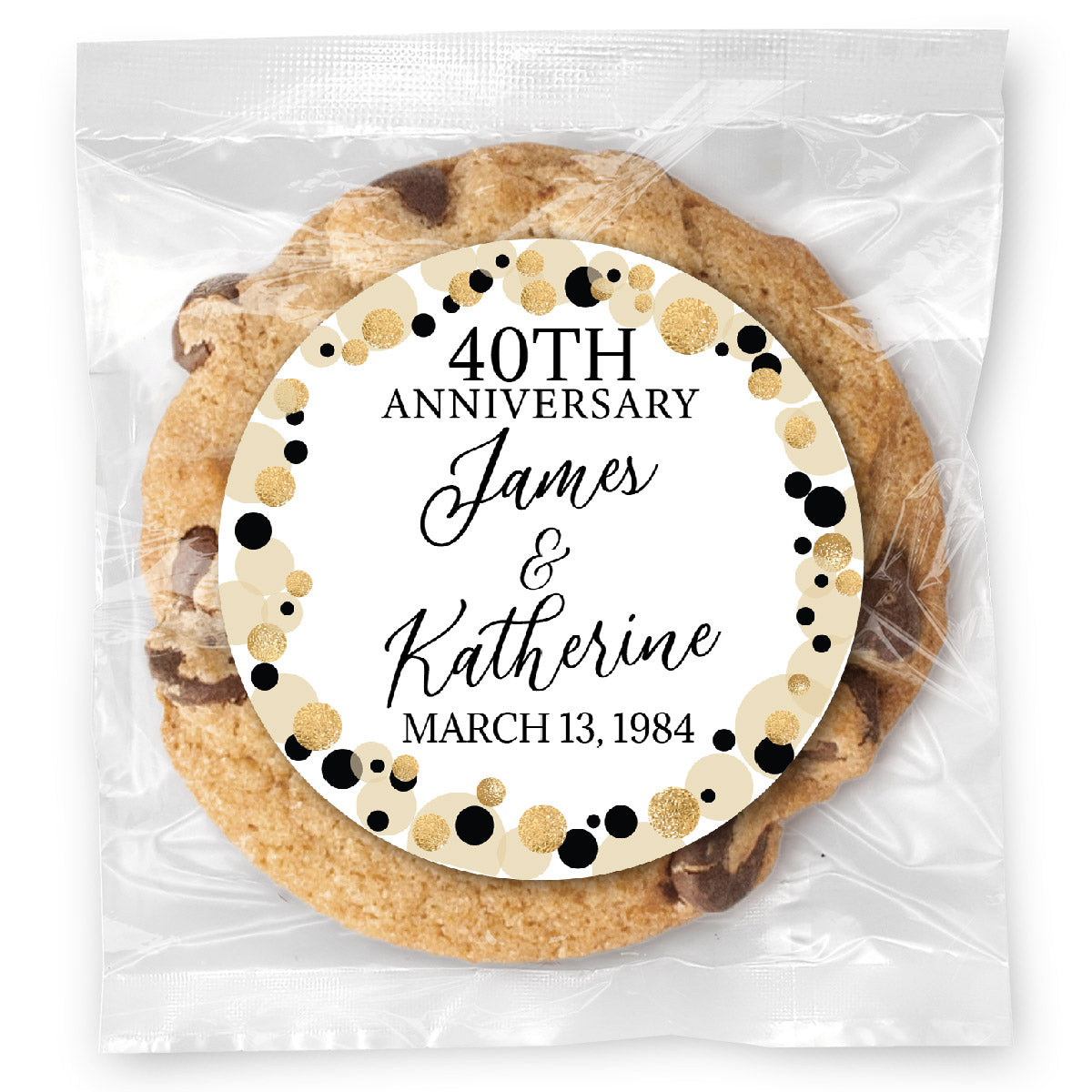 Black and Gold Bubbles Anniversary - Gourmet Chocolate Chip Or Variety Pack W/ Full Color Personalized Sticker