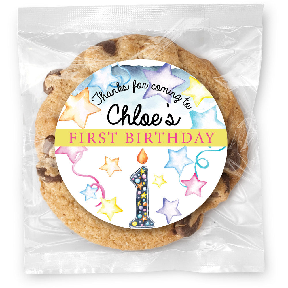 Watercolor Stars & Candle First Birthday - Gourmet Chocolate Chip Or Variety Pack W/ Full Color Personalized Sticker
