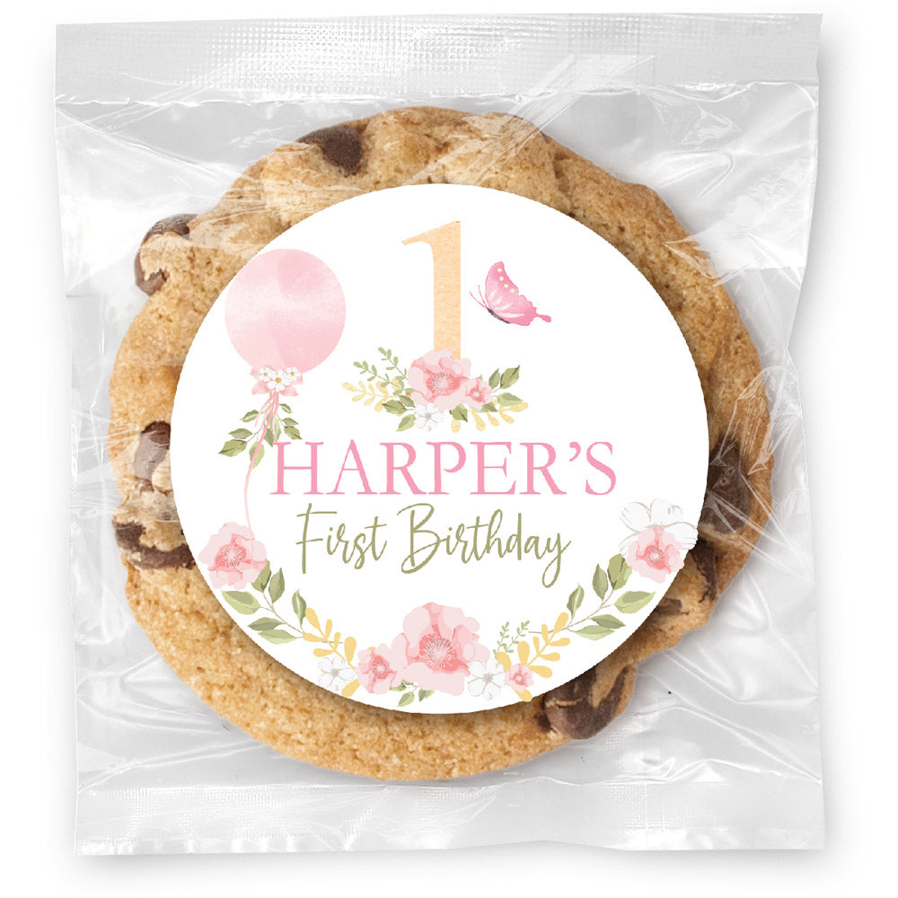 First Birthday Pretty Pink Florals - Gourmet Chocolate Chip Or Variety Pack W/ Full Color Personalized Sticker