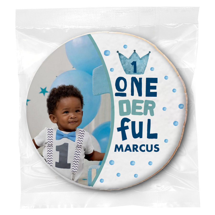 One-der-ful Photo Blue - Personalized Direct Print On Round Sugar Cookie
