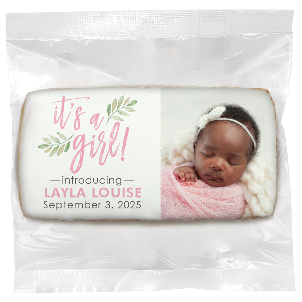 It's a Girl Leaves Photo - Direct Print on Rectangle Sugar Cookies