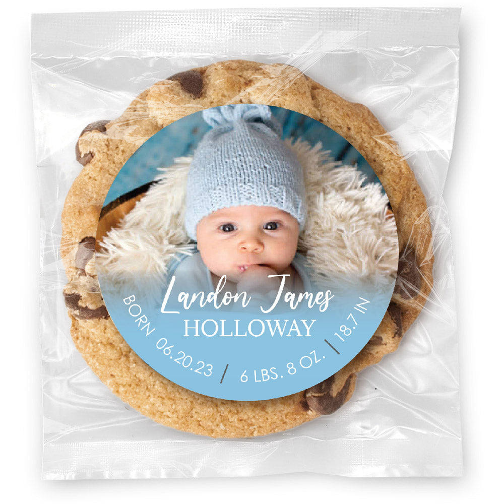 Baby Photo Blue Fade - Gourmet Chocolate Chip Or Variety Pack W/ Full Color Personalized Sticker