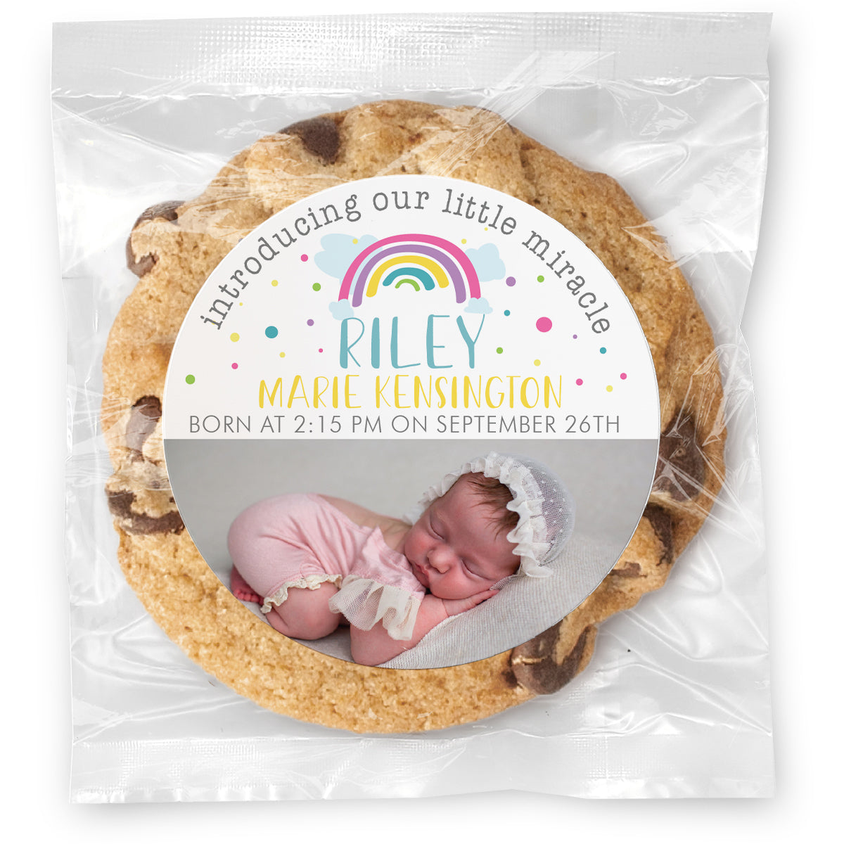 Rainbow baby Birth Announcement - Gourmet Chocolate Chip Or Variety Pack W/ Full Color Personalized Sticker