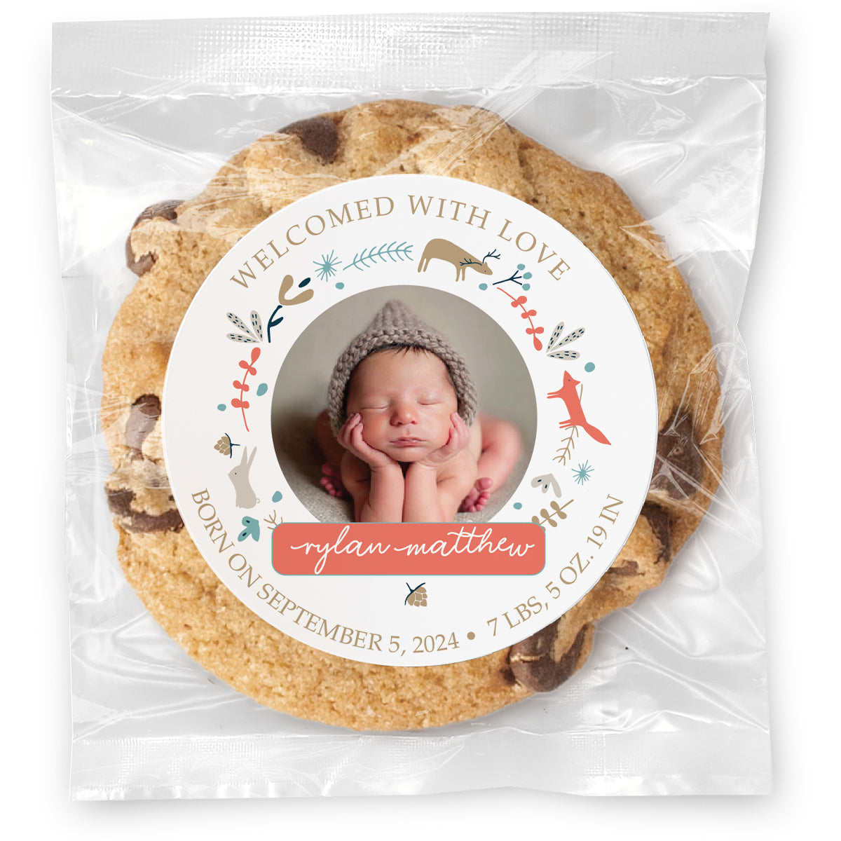 Welcomed with Love Woodland animals - Gourmet Chocolate Chip Or Variety Pack W/ Full Color Personalized Sticker