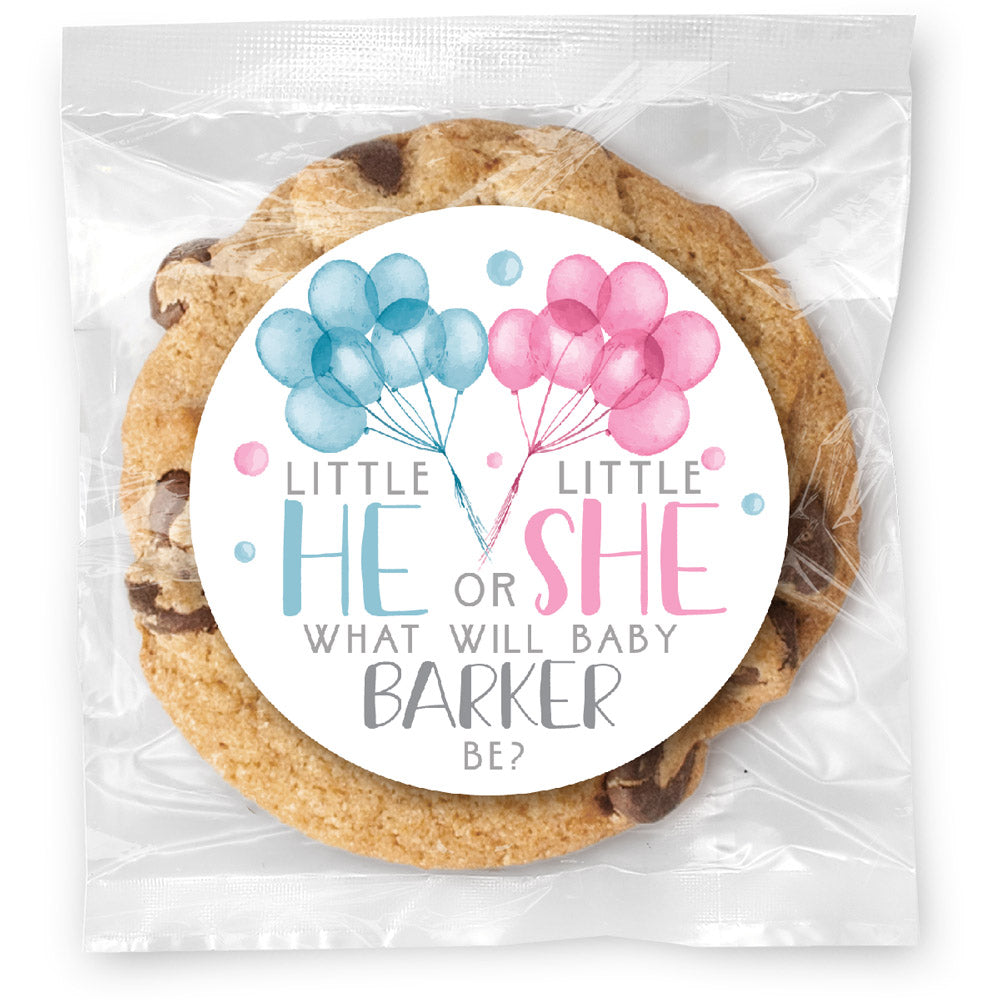 He or She Gender Balloons - Gourmet Chocolate Chip Or Variety Pack W/ Full Color Personalized Sticker