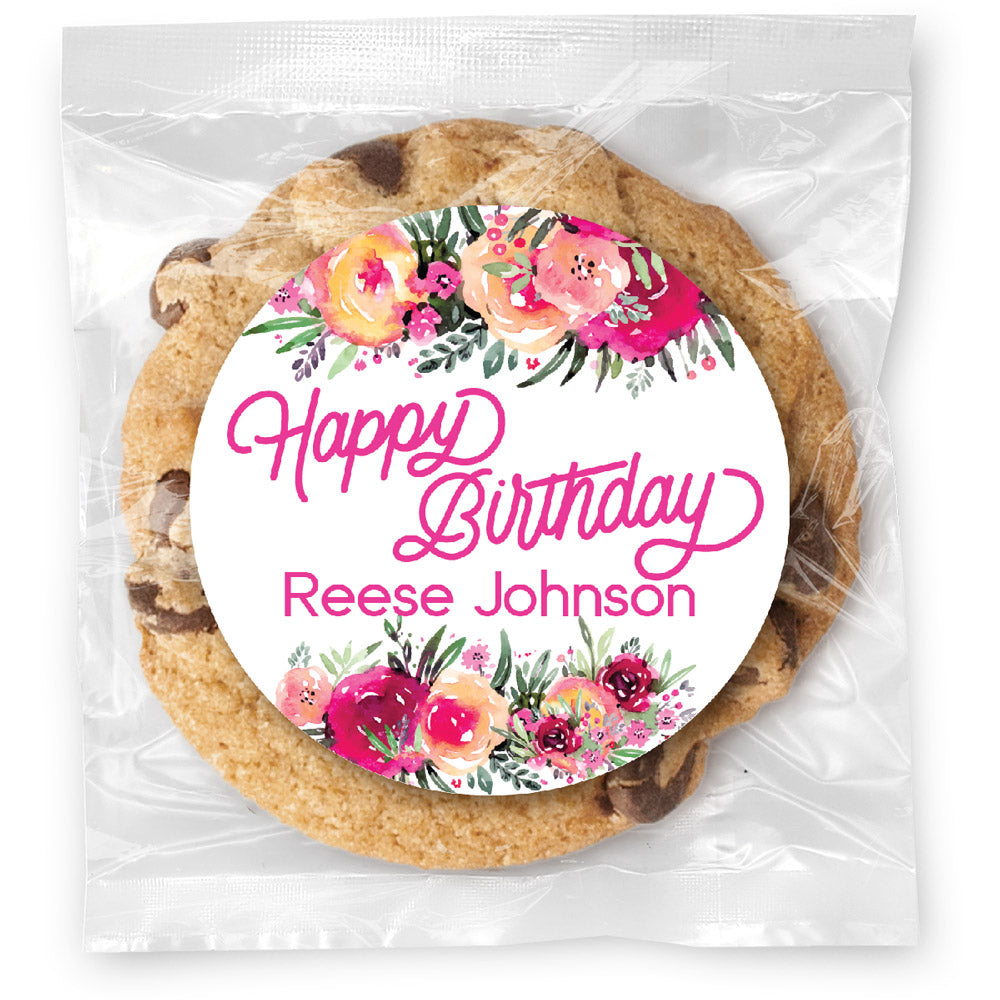 Floral Happy Birthday - Gourmet Chocolate Chip Or Variety Pack W/ Full Color Personalized Sticker