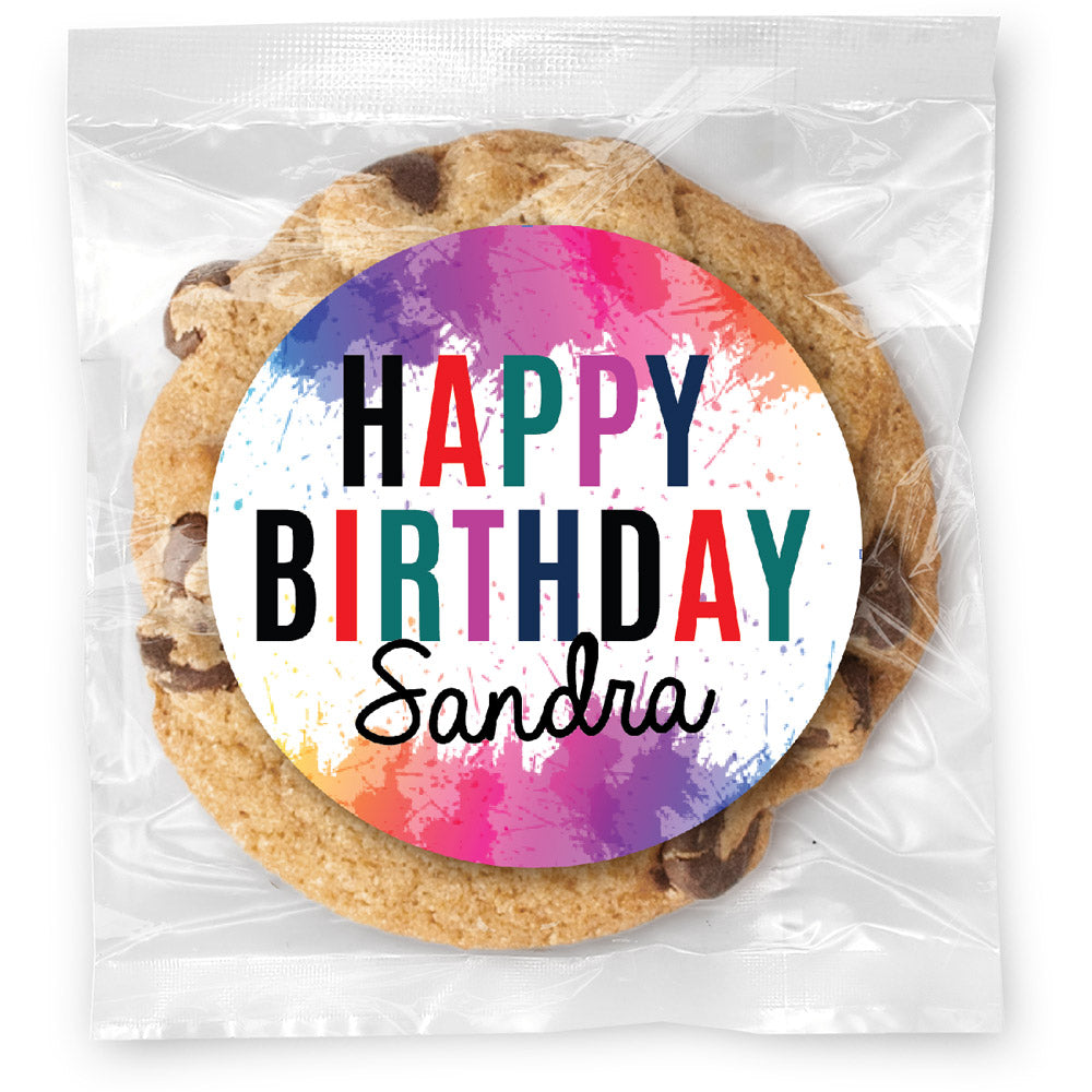 Happy Birthday Splatter - Gourmet Chocolate Chip Or Variety Pack W/ Full Color Personalized Sticker