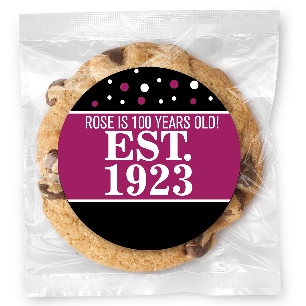 Est. Year Pink 100 (any age) - Gourmet Chocolate Chip Or Variety Pack W/ Full Color Personalized Sticker