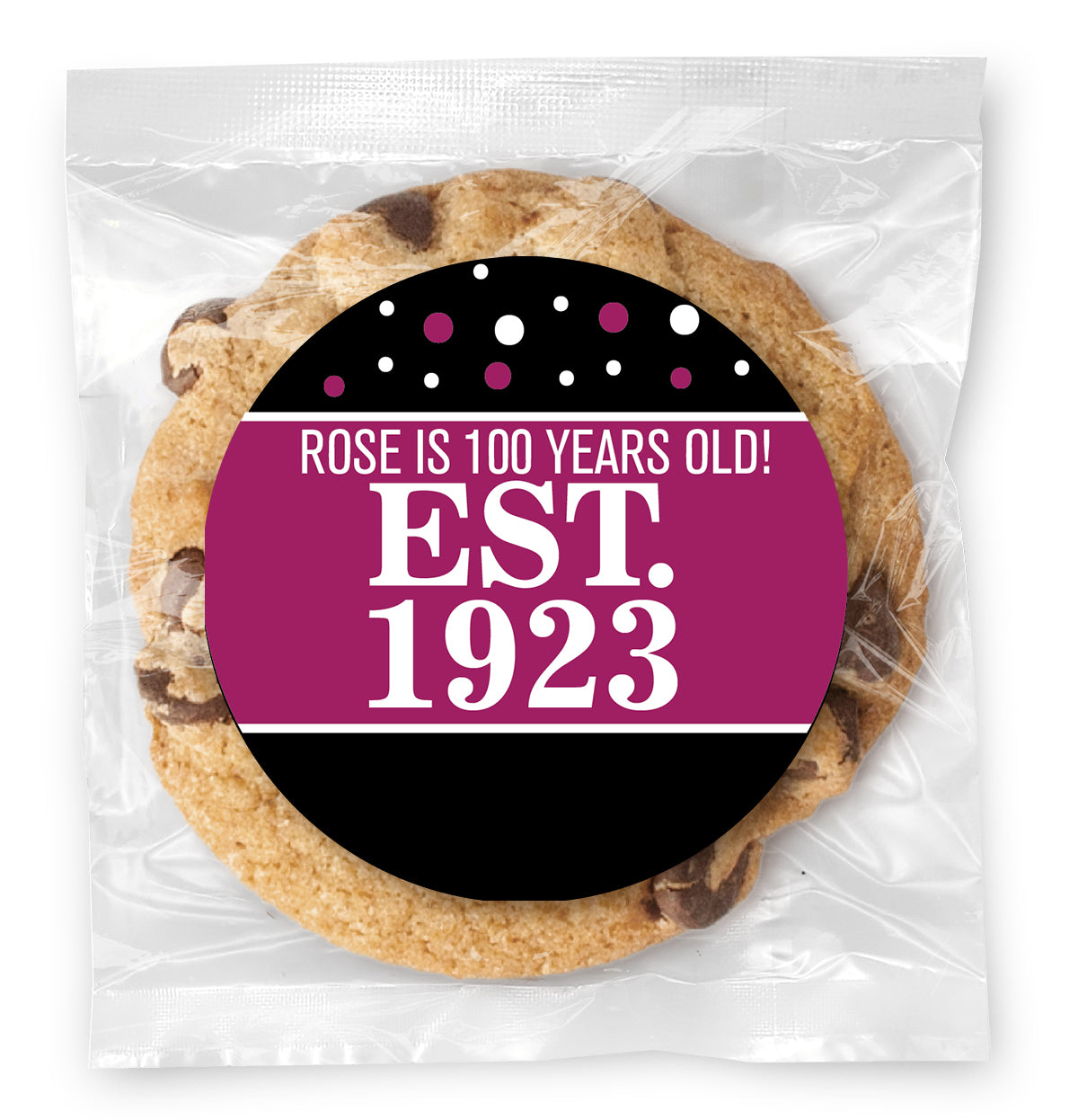 Est. Year Pink 100 (any age) - Gourmet Chocolate Chip Or Variety Pack W/ Full Color Personalized Sticker