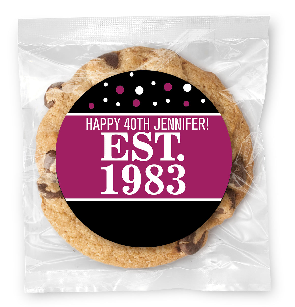 Est. Year Pink 40 (any age) - Gourmet Chocolate Chip Or Variety Pack W/ Full Color Personalized Sticker
