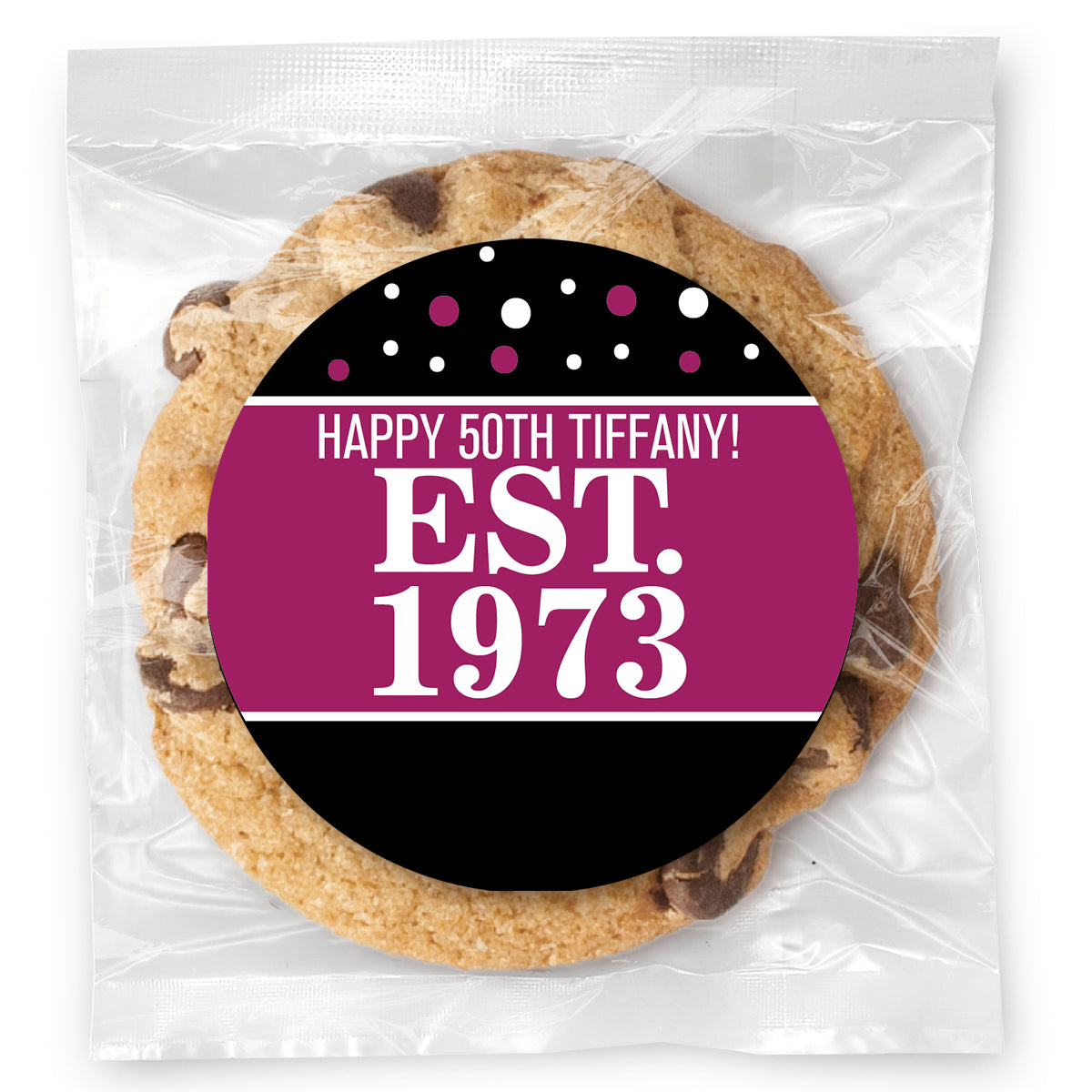 Est. Year Pink 50 (any age) - Gourmet Chocolate Chip Or Variety Pack W/ Full Color Personalized Sticker