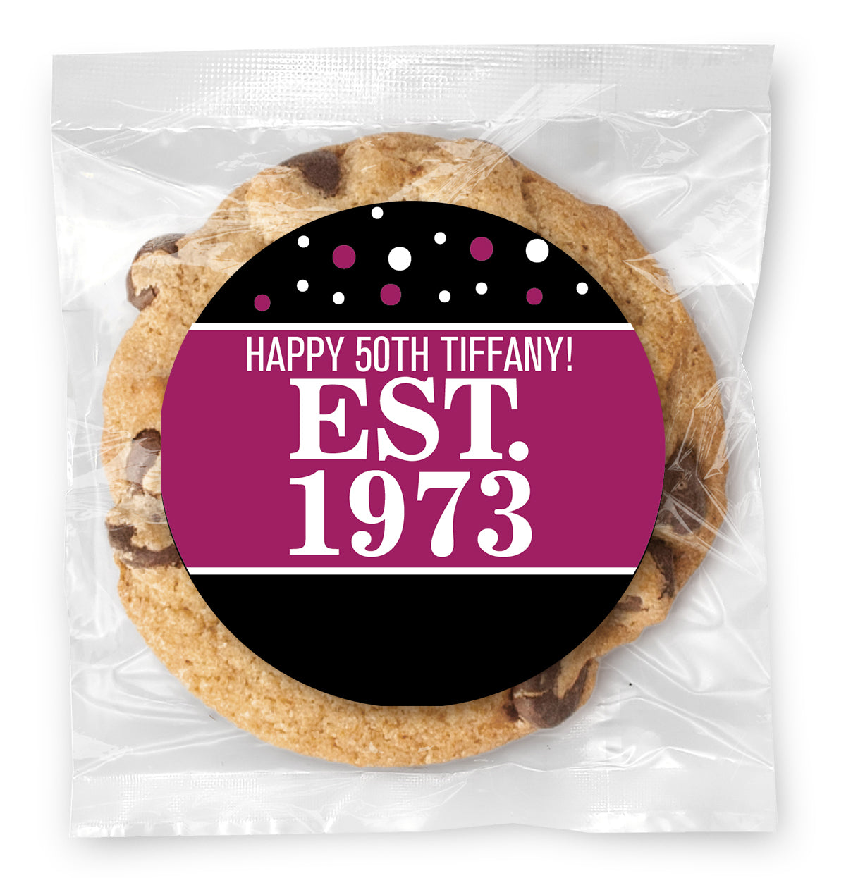 Est. Year Pink 50 (any age) - Gourmet Chocolate Chip Or Variety Pack W/ Full Color Personalized Sticker