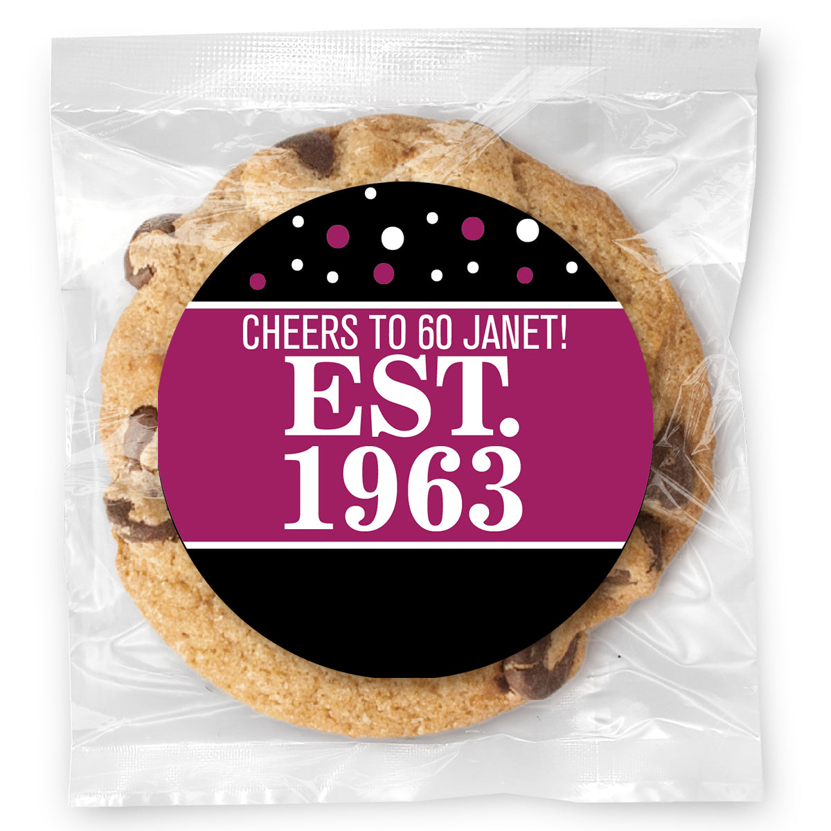 Est. Year Pink 70 (any age) - Gourmet Chocolate Chip Or Variety Pack W/ Full Color Personalized Sticker