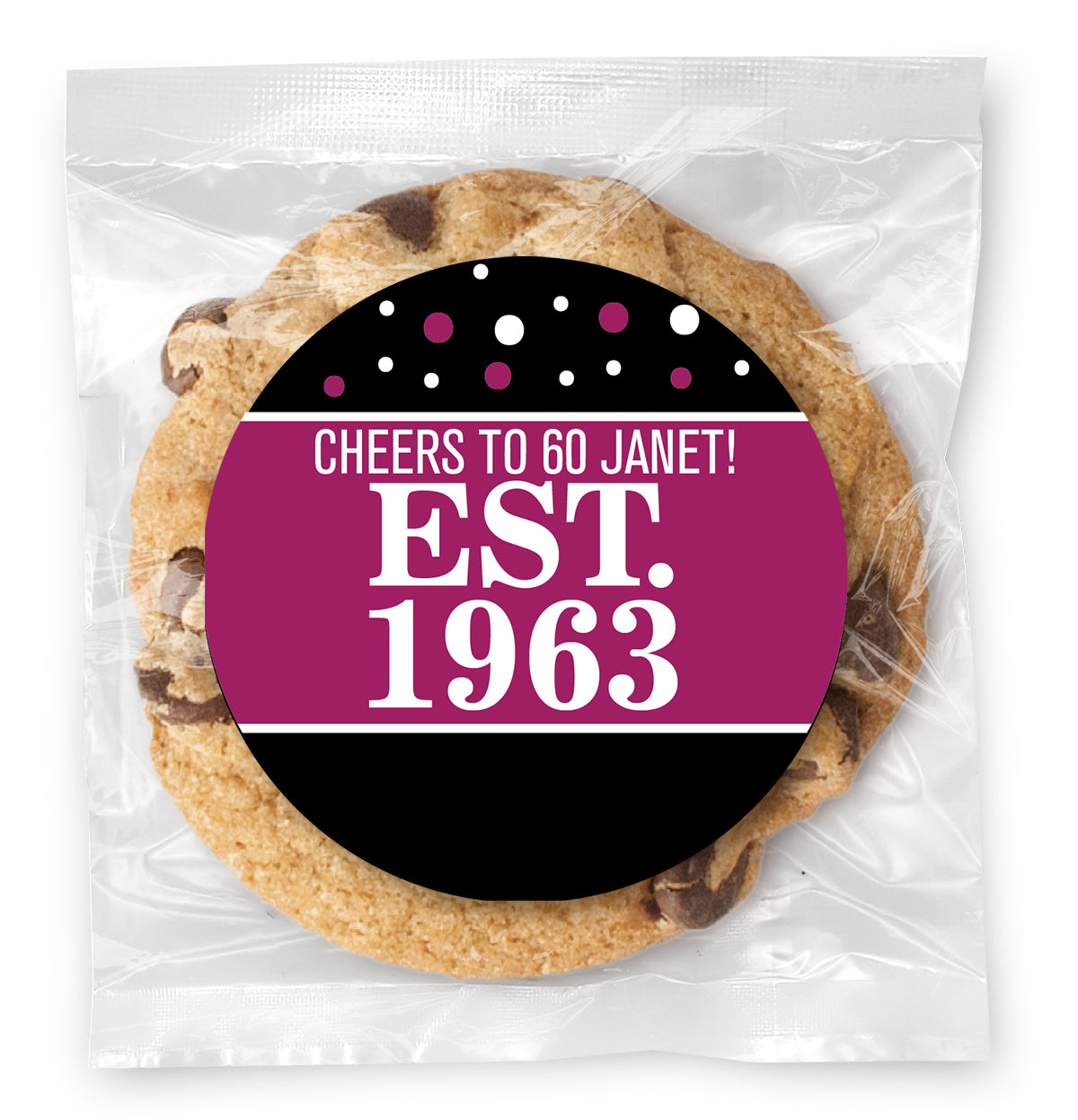Est. Year Pink 70 (any age) - Gourmet Chocolate Chip Or Variety Pack W/ Full Color Personalized Sticker