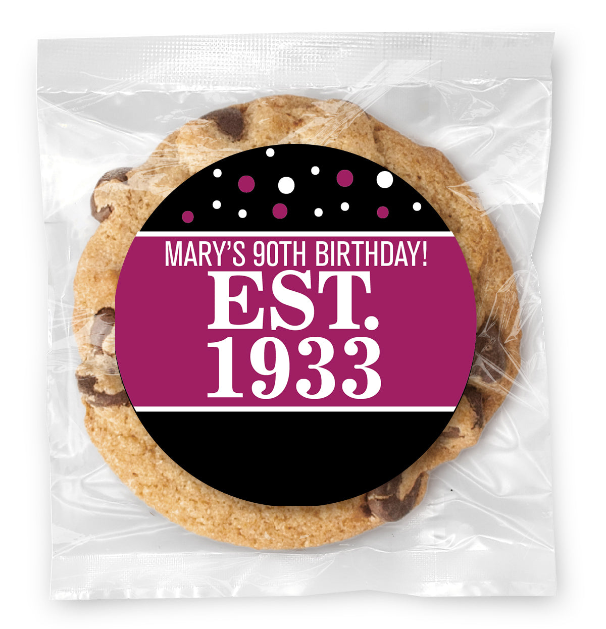 Est. Year Pink 90 (any age) - Gourmet Chocolate Chip Or Variety Pack W/ Full Color Personalized Sticker