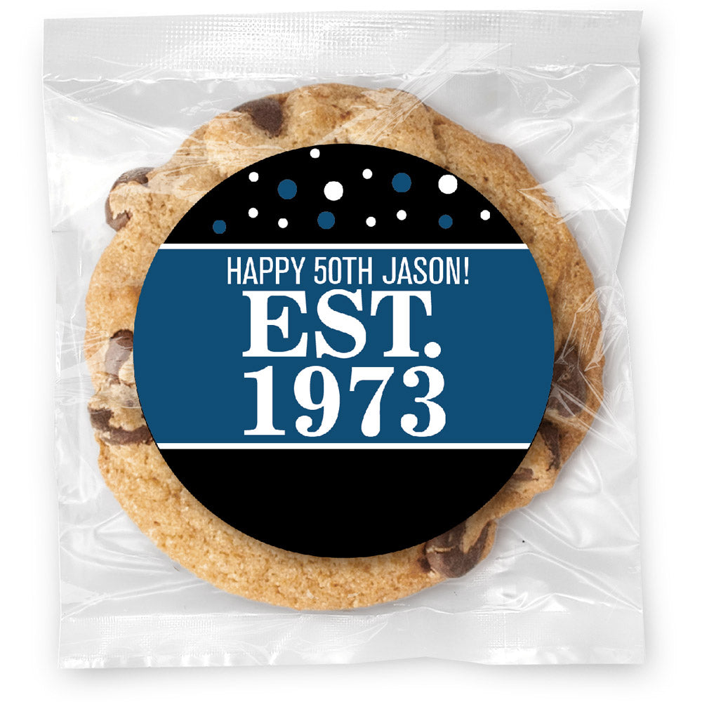 Est. Year Blue 50 (any age) - Gourmet Chocolate Chip Or Variety Pack W/ Full Color Personalized Sticker