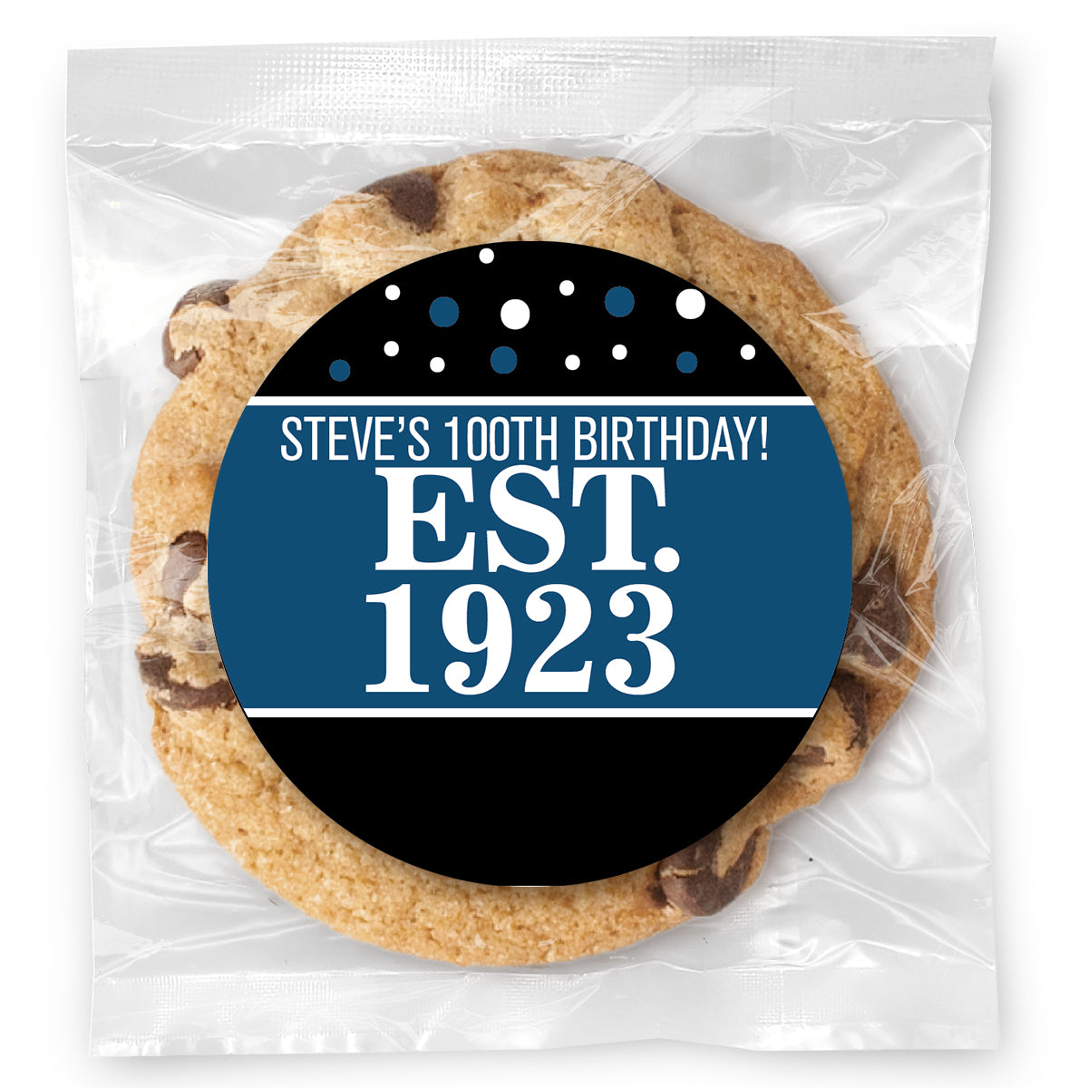 Est. Year Blue 100 (any age) - Gourmet Chocolate Chip Or Variety Pack W/ Full Color Personalized Sticker