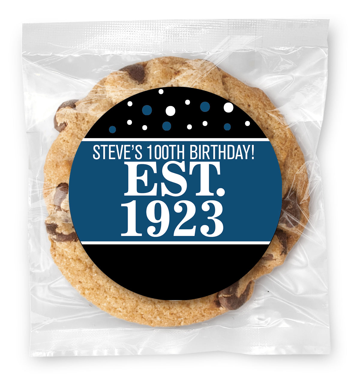 Est. Year Blue 100 (any age) - Gourmet Chocolate Chip Or Variety Pack W/ Full Color Personalized Sticker