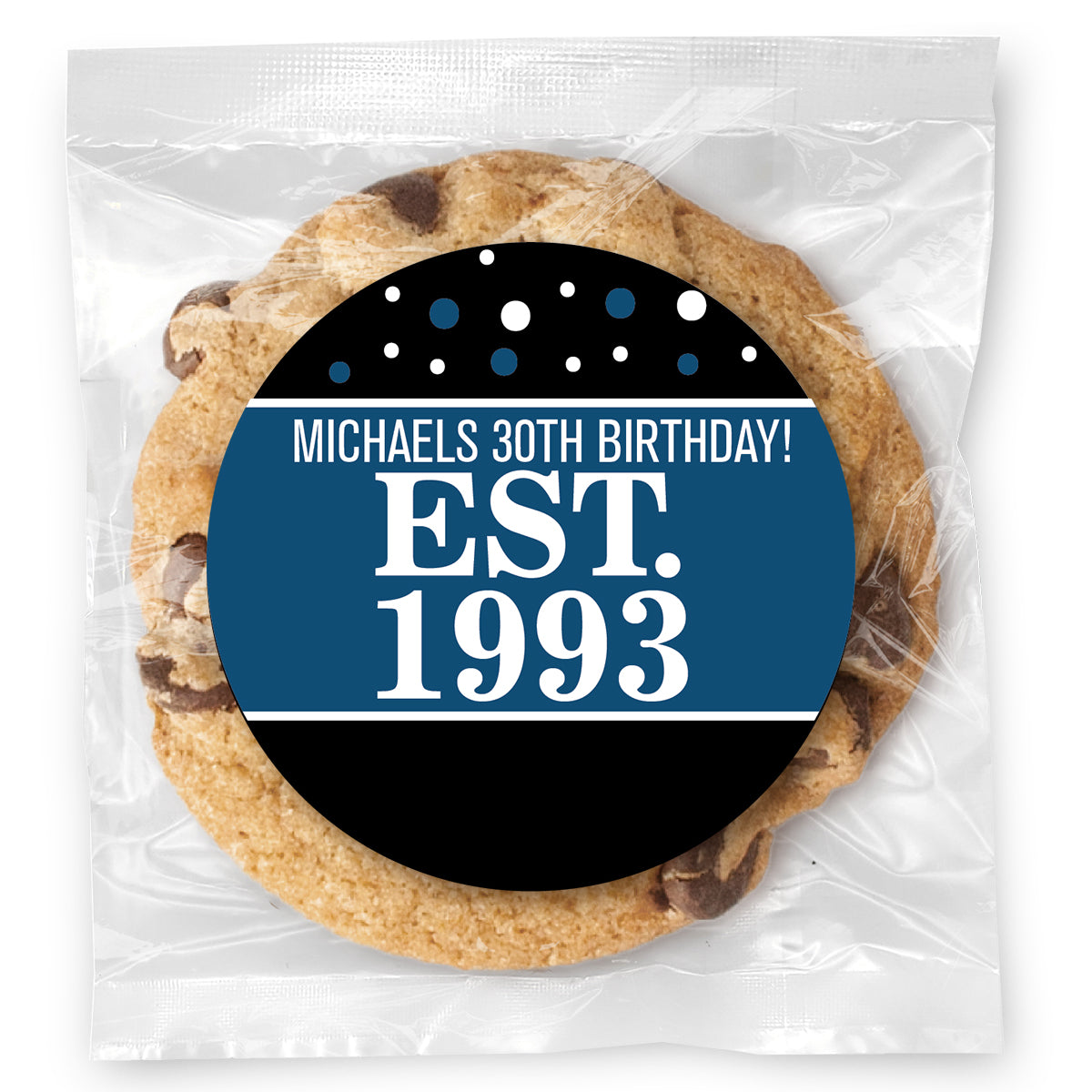 Est. Year Blue 30 (any age) - Gourmet Chocolate Chip Or Variety Pack W/ Full Color Personalized Sticker