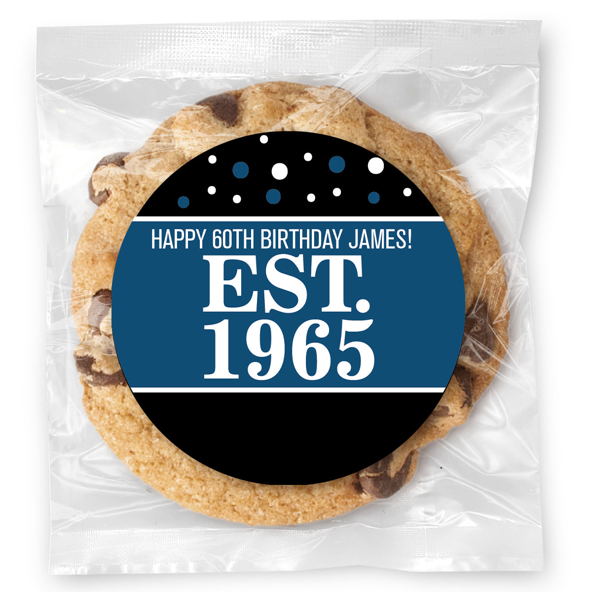 Est. Year Blue 60 (any age) - Gourmet Chocolate Chip Or Variety Pack W/ Full Color Personalized Sticker