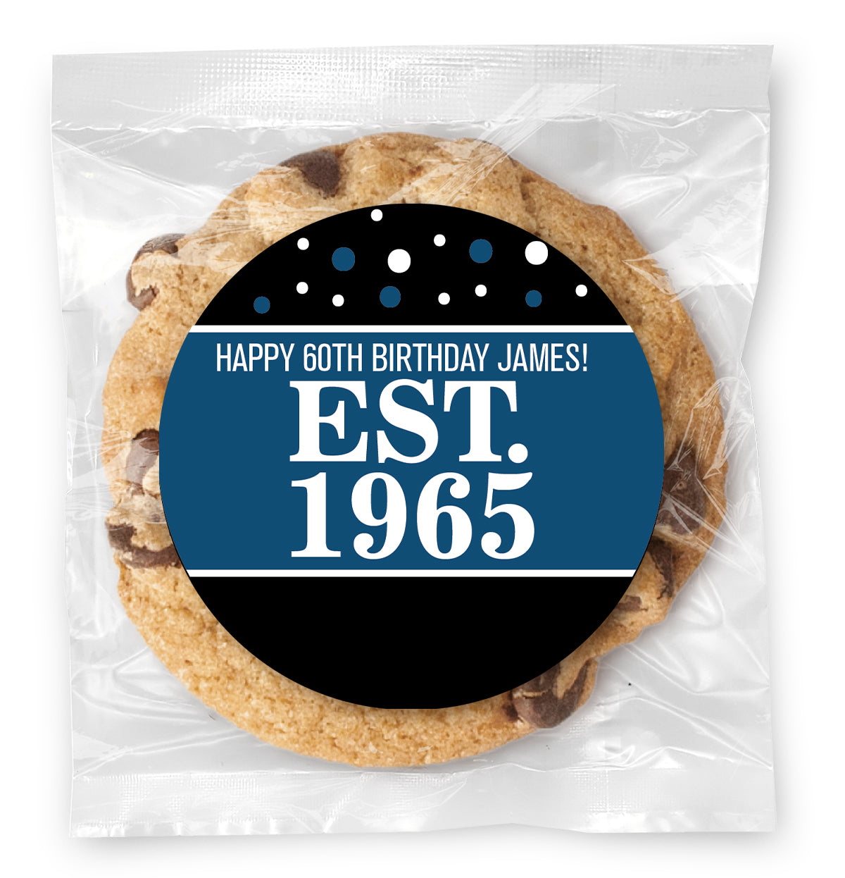 Est. Year Blue 60 (any age) - Gourmet Chocolate Chip Or Variety Pack W/ Full Color Personalized Sticker