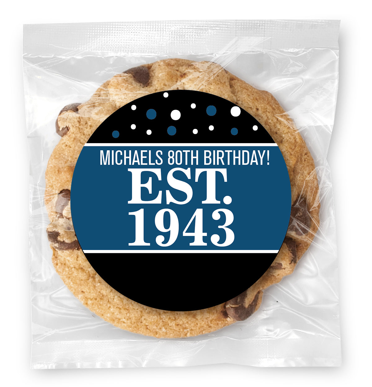 Est. Year Blue 80 (any age) - Gourmet Chocolate Chip Or Variety Pack W/ Full Color Personalized Sticker