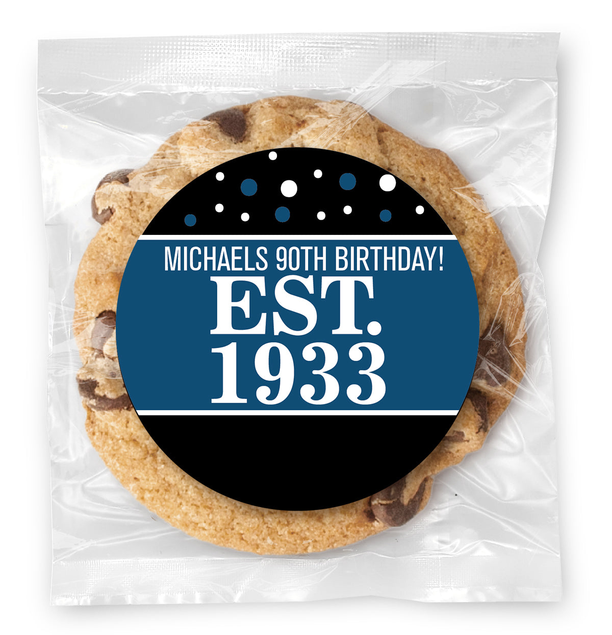 Est. Year Blue 90 (any age) - Gourmet Chocolate Chip Or Variety Pack W/ Full Color Personalized Sticker