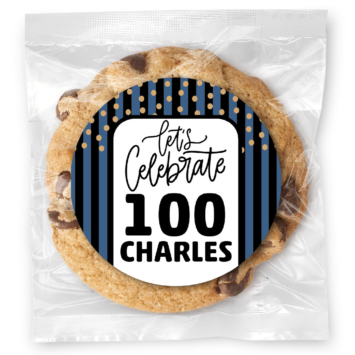 Let's celebrate Stripes Blue 100 - Gourmet Chocolate Chip Or Variety Pack W/ Full Color Personalized Sticker