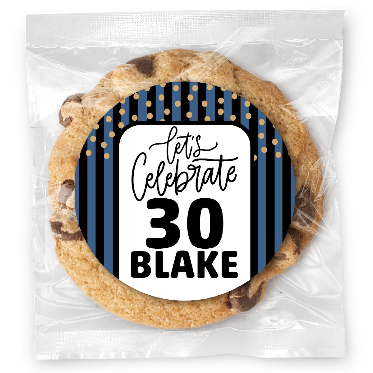 Let's celebrate Stripes Blue 30 - Gourmet Chocolate Chip Or Variety Pack W/ Full Color Personalized Sticker