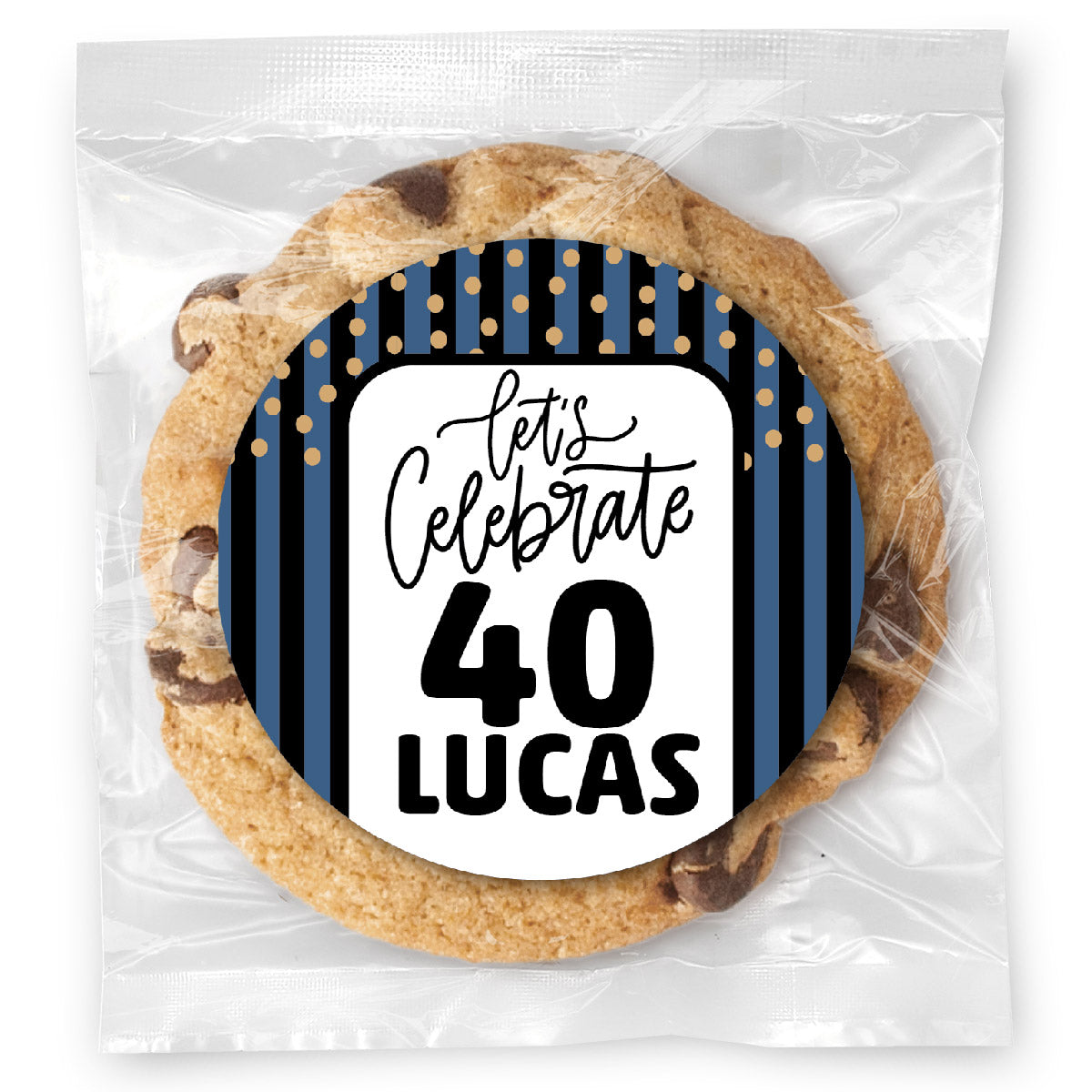 Let's celebrate Stripes Blue 40 - Large Heart - Gourmet Chocolate Chip Or Variety Pack W/ Full Color Personalized Sticker