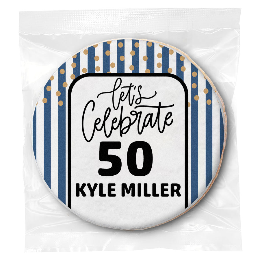 Let's Celebrate 50 "Any Age" Blue Stripes Birthday - Personalized Direct Print On Round Sugar Cookie