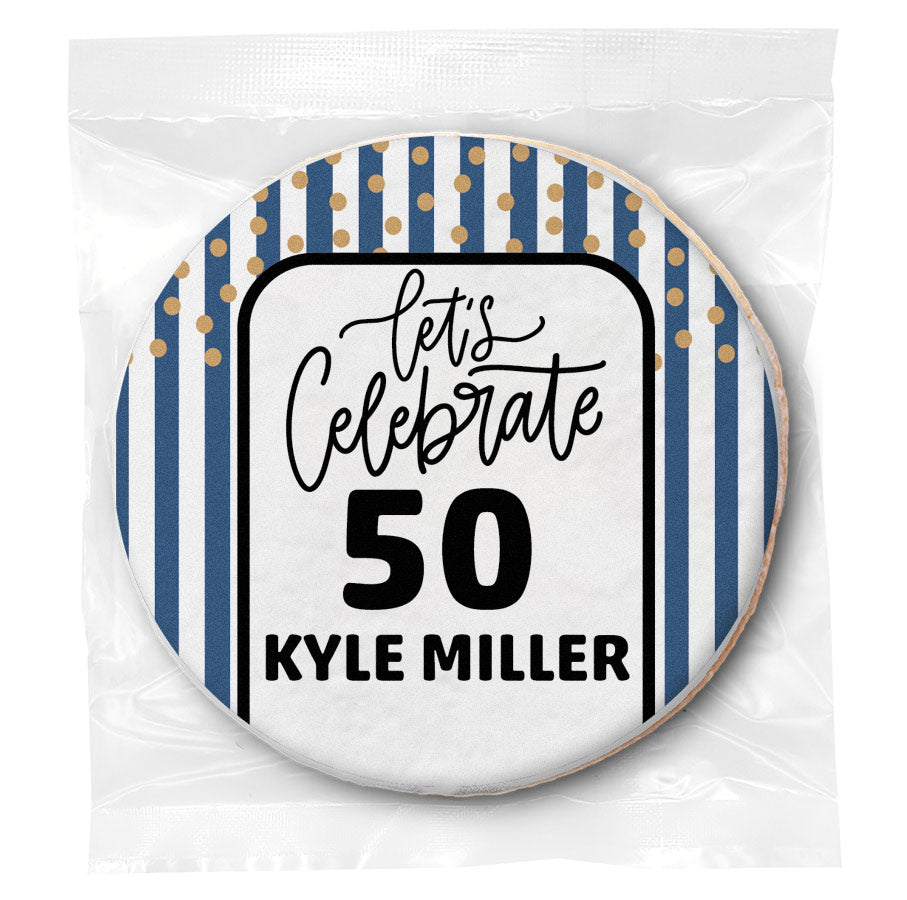 Let's Celebrate 50 "Any Age" Blue Stripes Birthday - Personalized Direct Print On Round Sugar Cookie