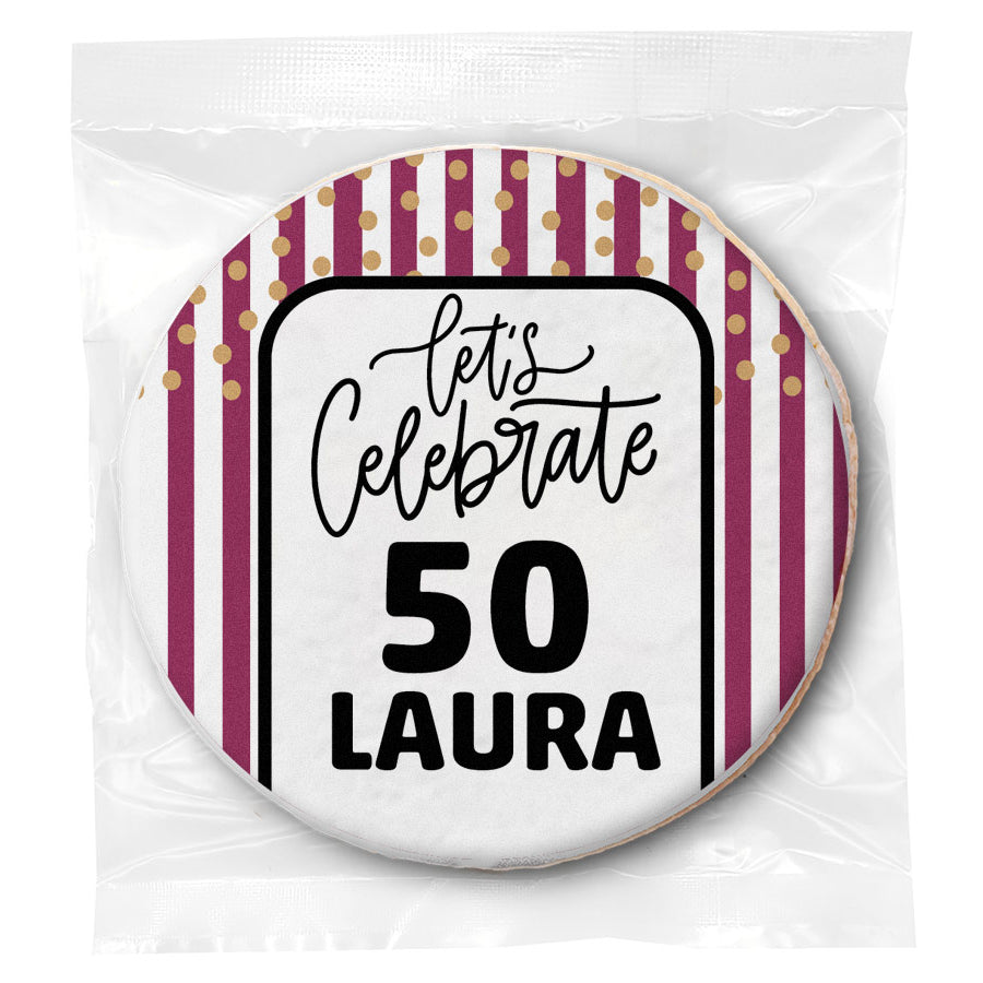 Let's Celebrate 50 "Any Age" Pink Stripes Birthday - Personalized Direct Print On Round Sugar Cookie