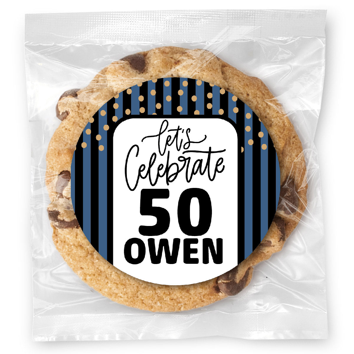 Let's celebrate Stripes Blue 50 - Gourmet Chocolate Chip Or Variety Pack W/ Full Color Personalized Sticker