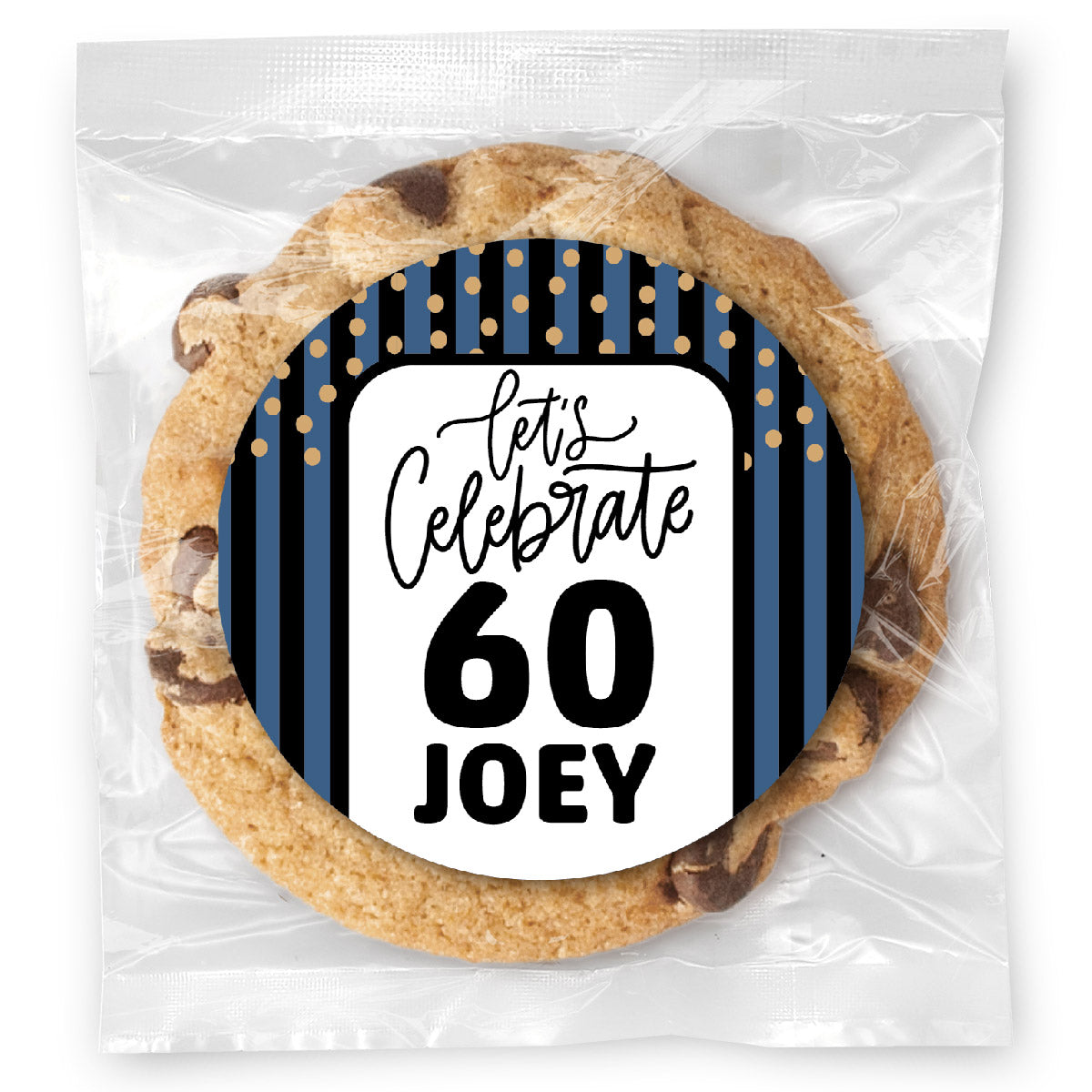 Let's celebrate Stripes Blue 60 - Gourmet Chocolate Chip Or Variety Pack W/ Full Color Personalized Sticker