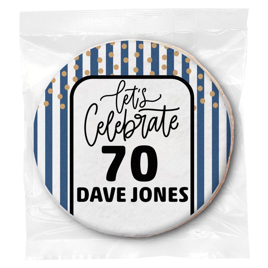 Let's Celebrate 70 "Any Age" Blue Stripes Birthday - Personalized Direct Print On Round Sugar Cookie