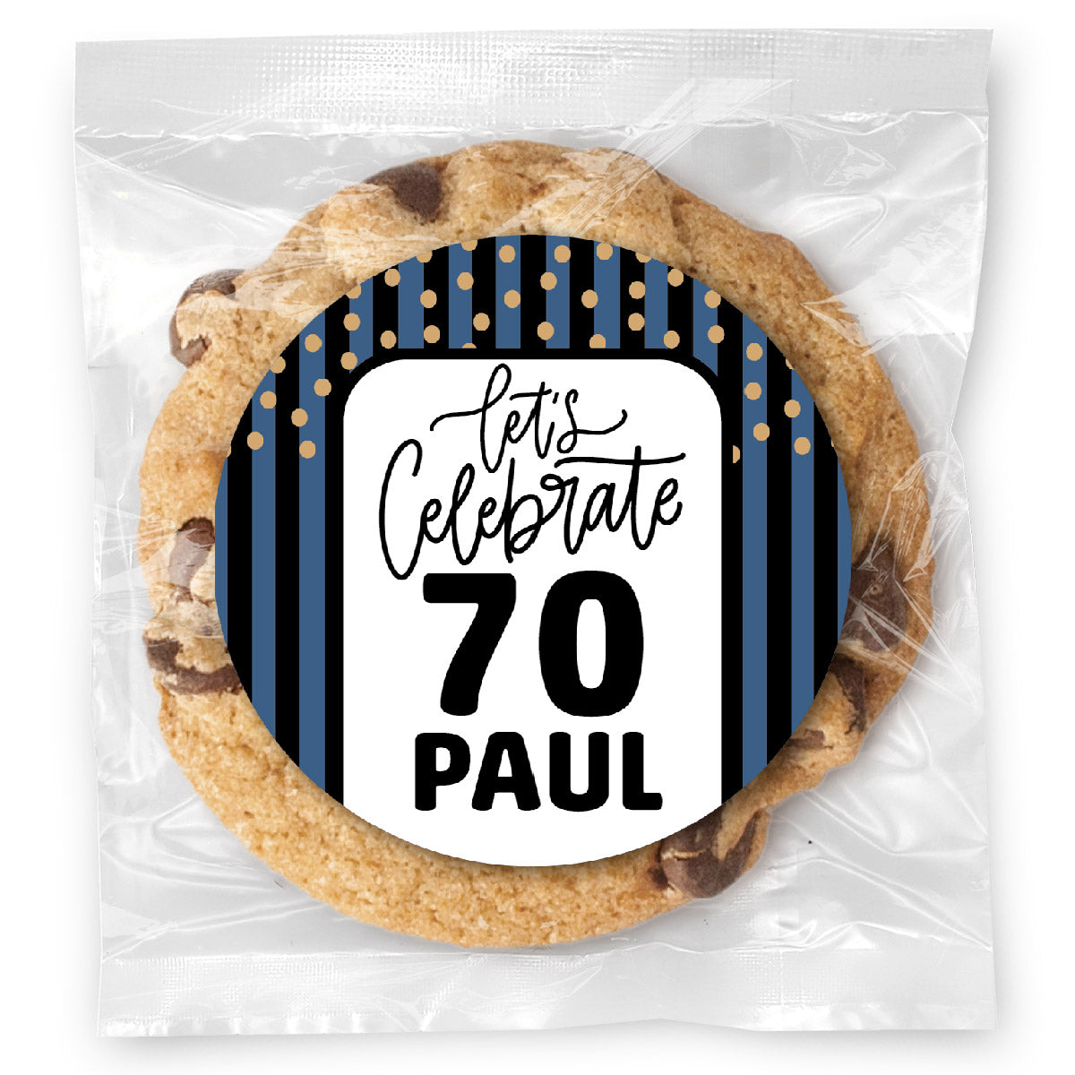 Let's celebrate Stripes Blue 70 - Gourmet Chocolate Chip Or Variety Pack W/ Full Color Personalized Sticker