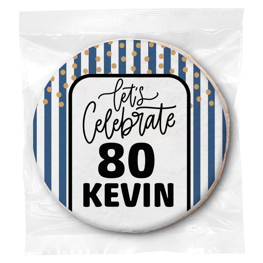 Let's Celebrate 80 "Any Age" Blue Stripes Birthday - Personalized Direct Print On Round Sugar Cookie