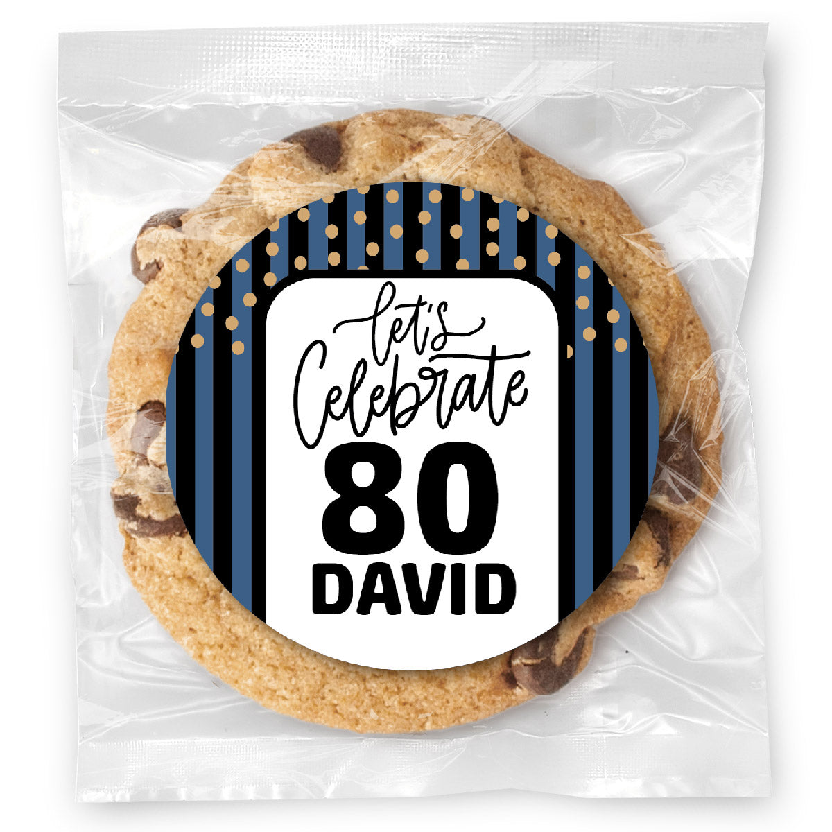 Let's celebrate Stripes Blue 80 - Gourmet Chocolate Chip Or Variety Pack W/ Full Color Personalized Sticker