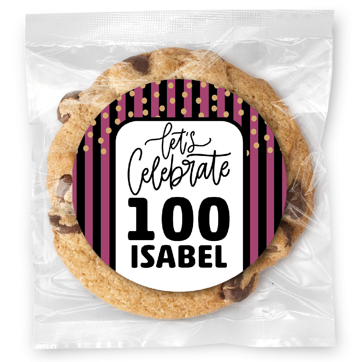 Let's celebrate Stripes Pink 100 - Gourmet Chocolate Chip Or Variety Pack W/ Full Color Personalized Sticker