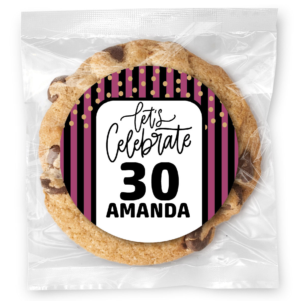 Let's celebrate Stripes Pink 30 - Gourmet Chocolate Chip Or Variety Pack W/ Full Color Personalized Sticker