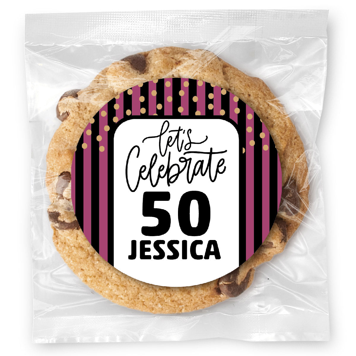 Let's celebrate Stripes Pink 50 - Gourmet Chocolate Chip Or Variety Pack W/ Full Color Personalized Sticker