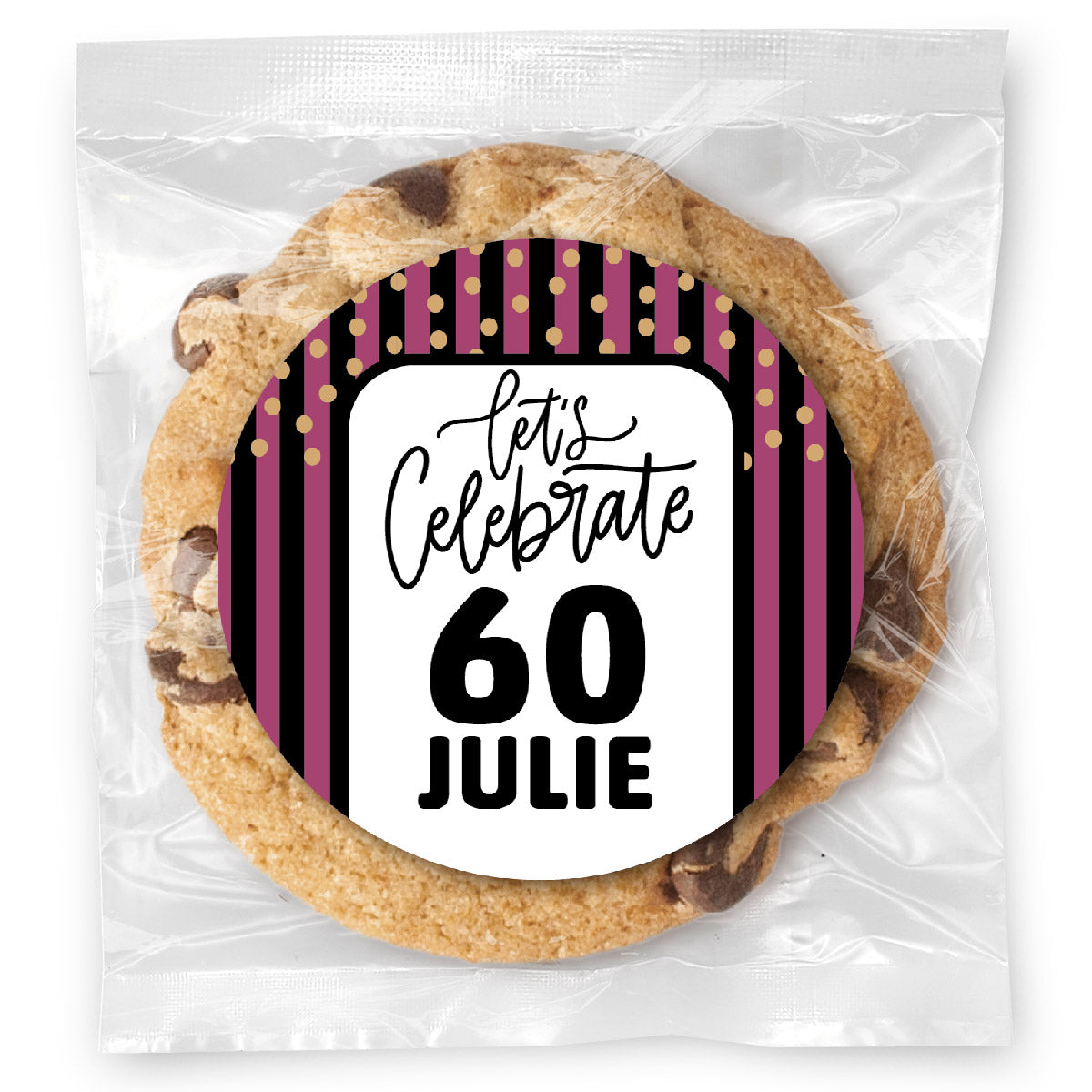 Let's celebrate Stripes Pink 60 - Gourmet Chocolate Chip Or Variety Pack W/ Full Color Personalized Sticker