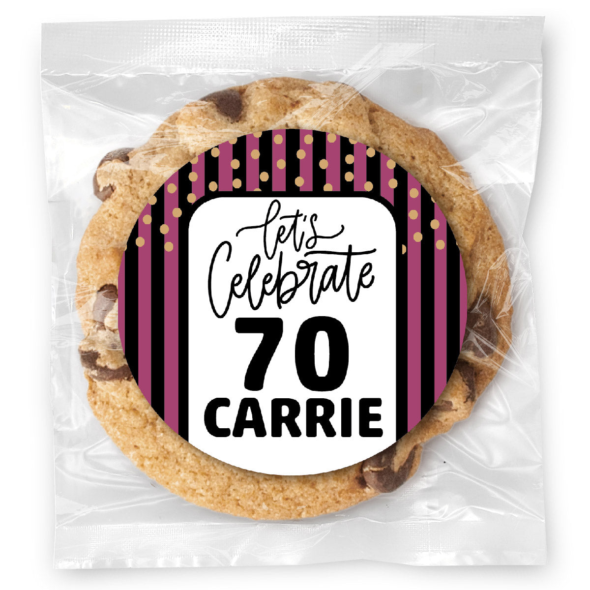 Let's celebrate Stripes Pink 70 - Gourmet Chocolate Chip Or Variety Pack W/ Full Color Personalized Sticker