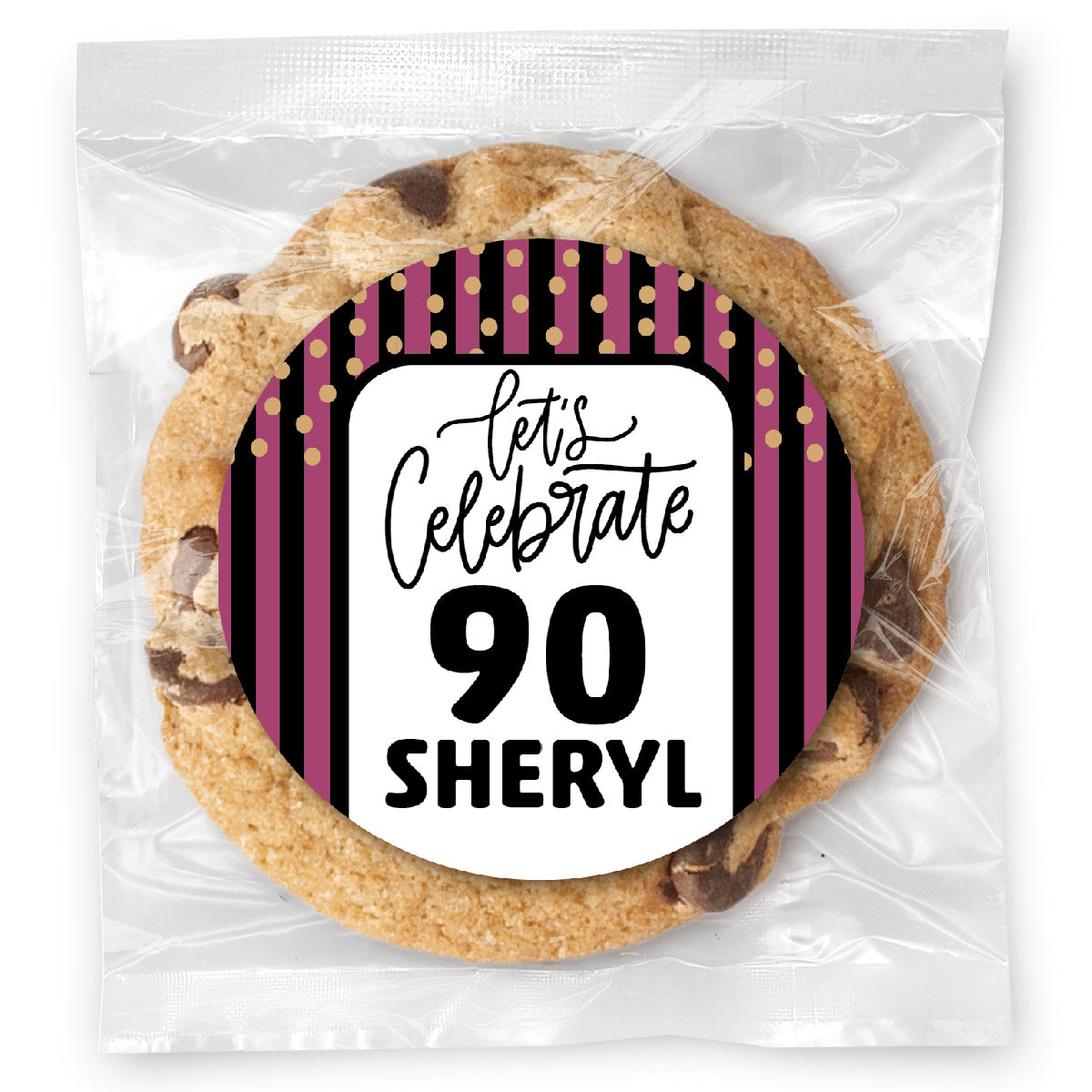 Let's celebrate Stripes Pink 90 - Gourmet Chocolate Chip Or Variety Pack W/ Full Color Personalized Sticker