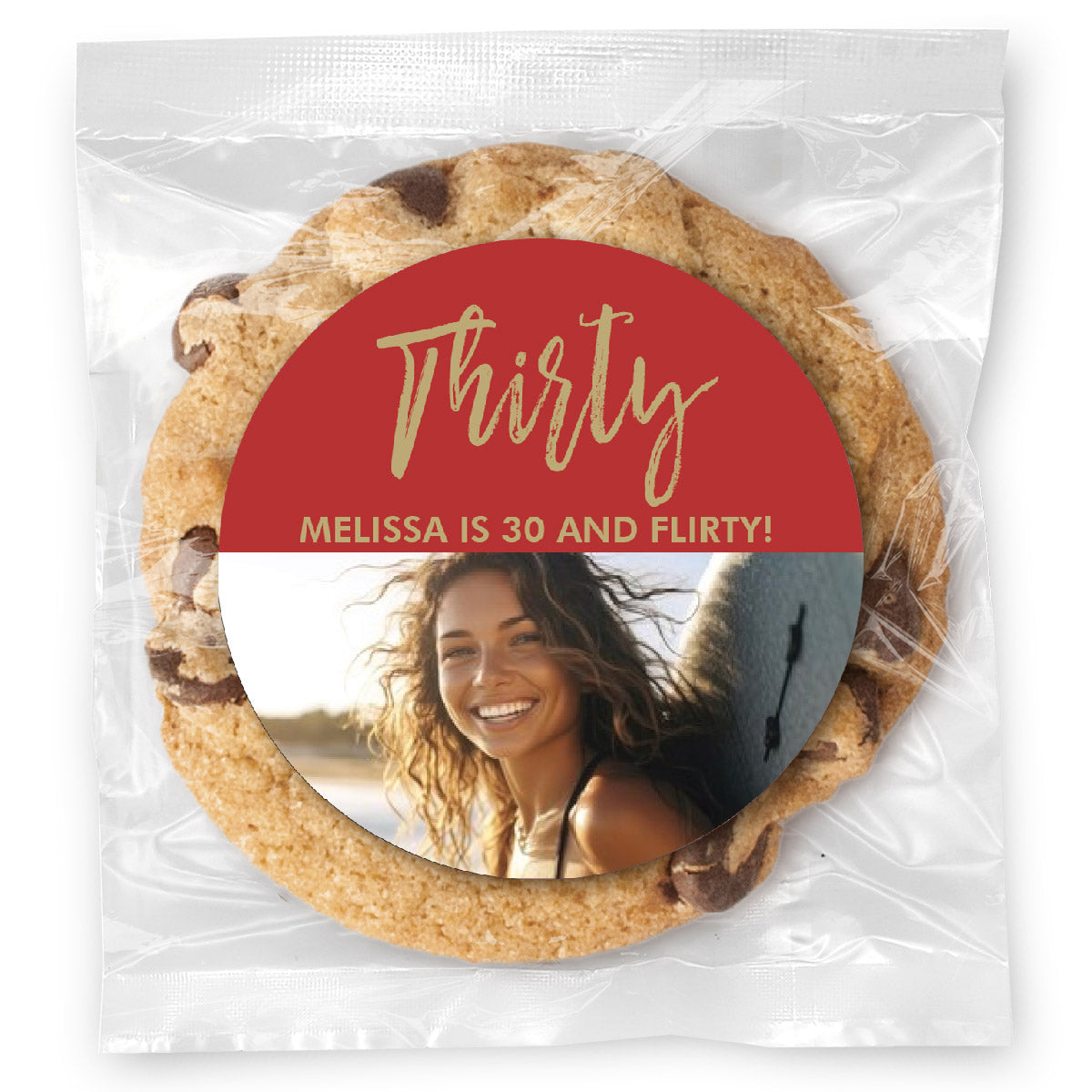 Cursive Thirty Birthday Photo - Gourmet Chocolate Chip Or Variety Pack W/ Full Color Personalized Sticker