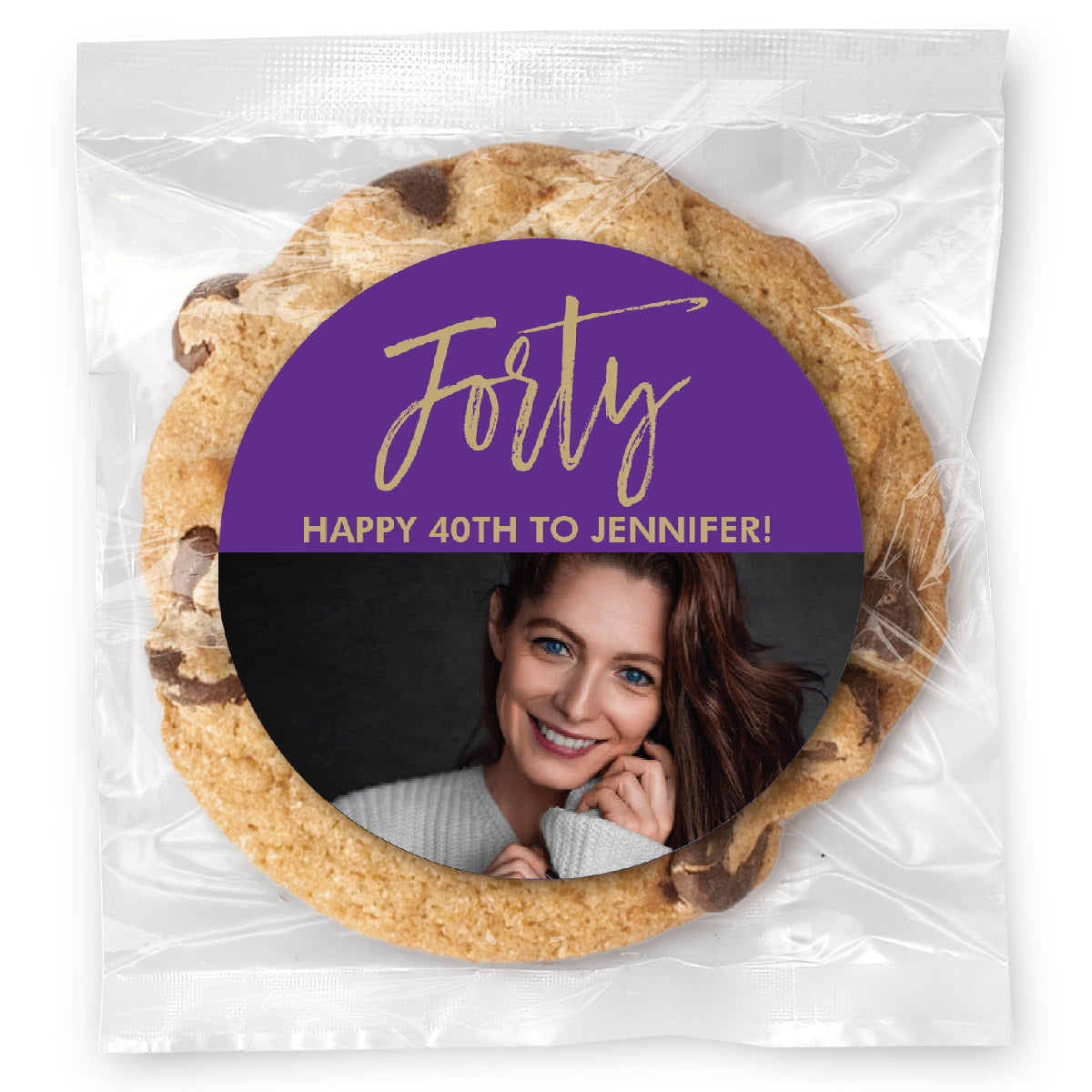 Cursive Forty Birthday Photo - Gourmet Chocolate Chip Or Variety Pack W/ Full Color Personalized Sticker