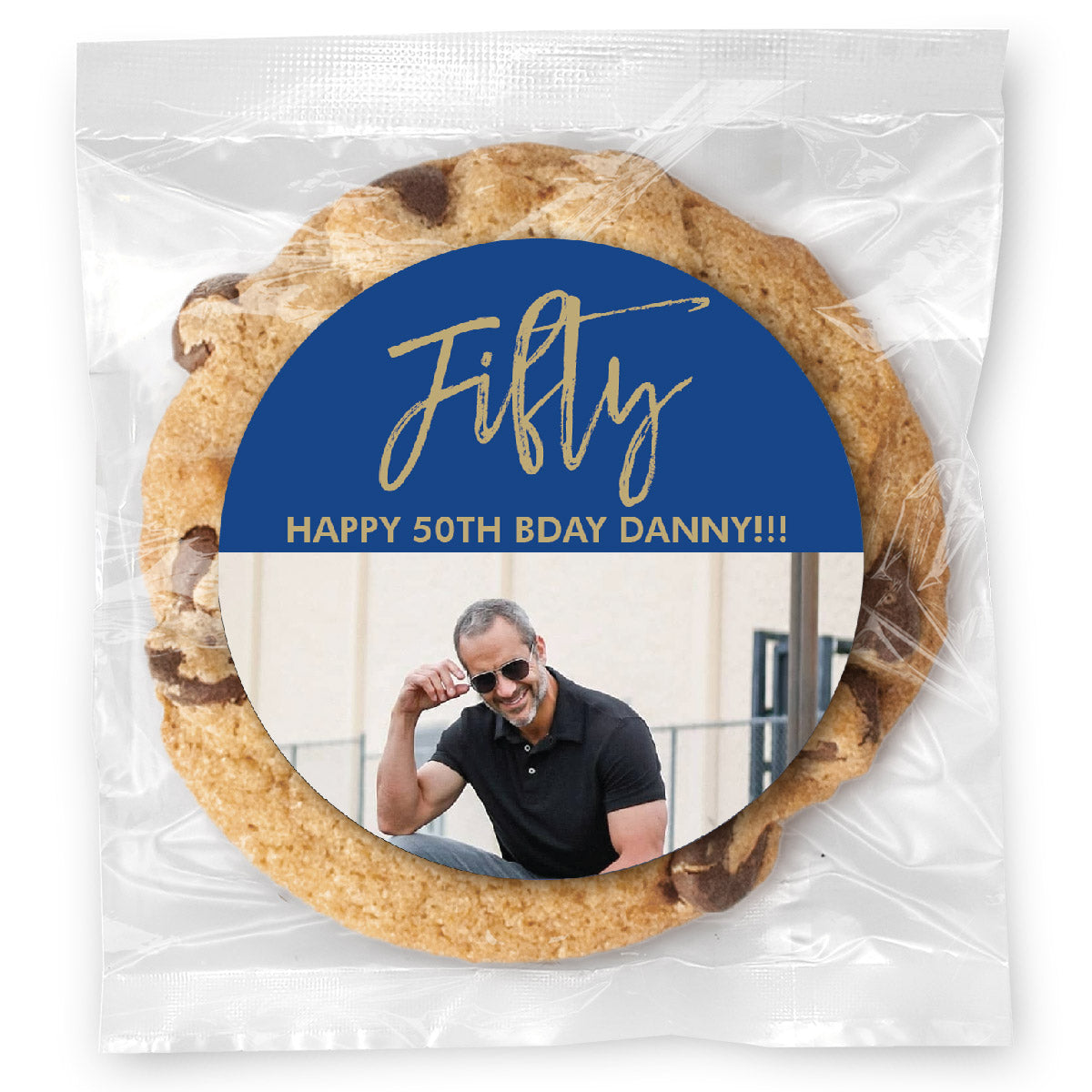 Cursive Fifty Birthday Photo - Gourmet Chocolate Chip Or Variety Pack W/ Full Color Personalized Sticker